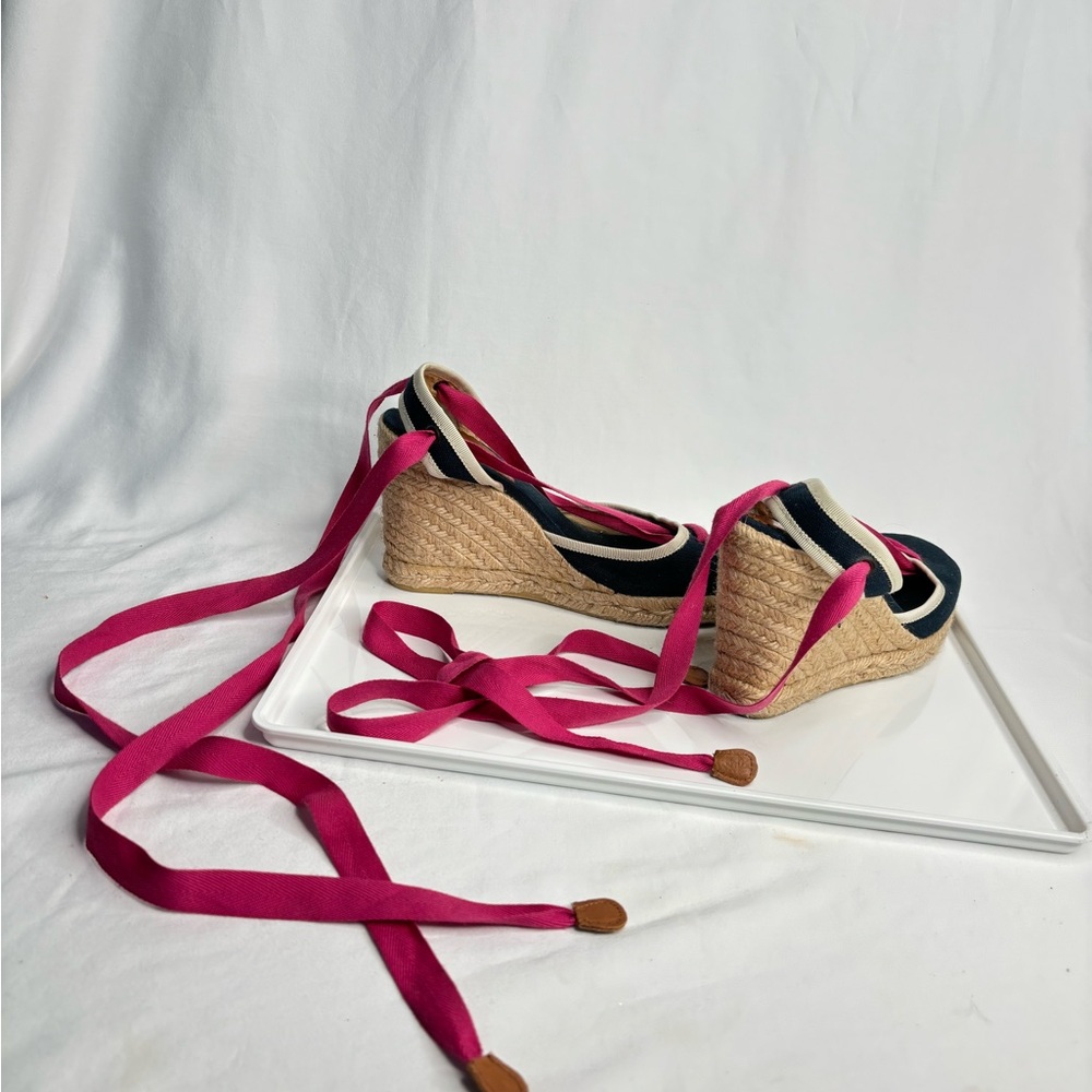 J. Crew Navy and Pink Espadrille Wedge Sandals w/ Leg Tie